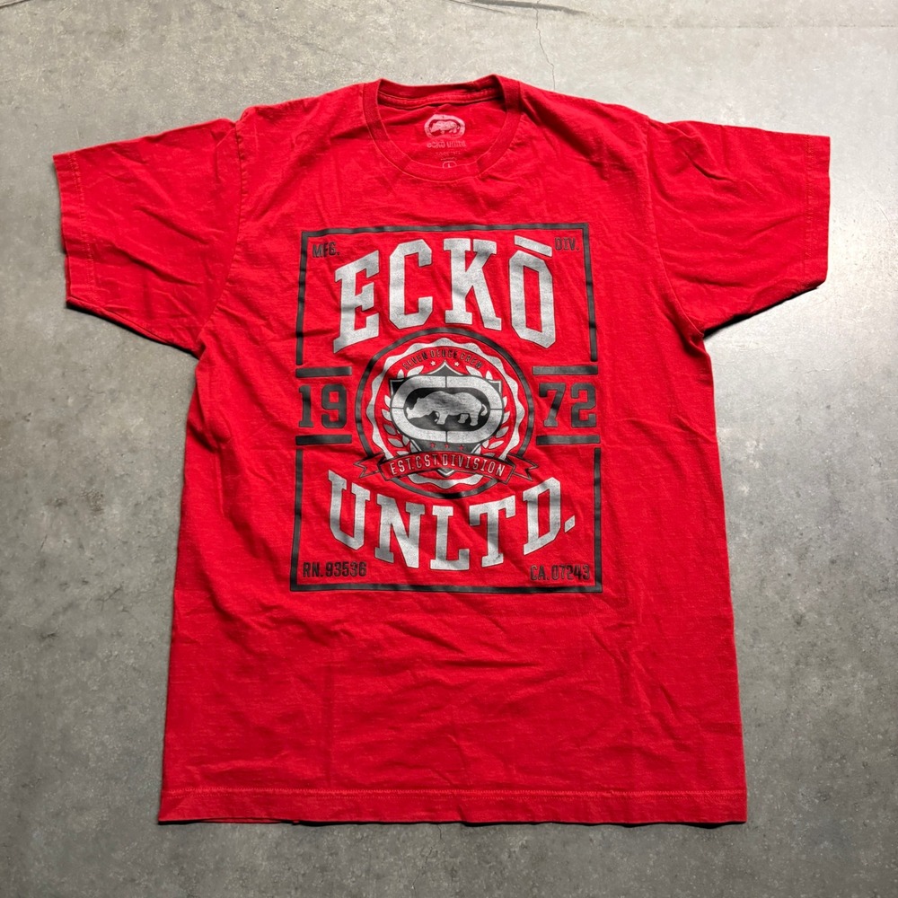 Ecko Unltd Mens Red Graphic T-Shirt Large Rhino Logo Streetwear Crew Neck Tee